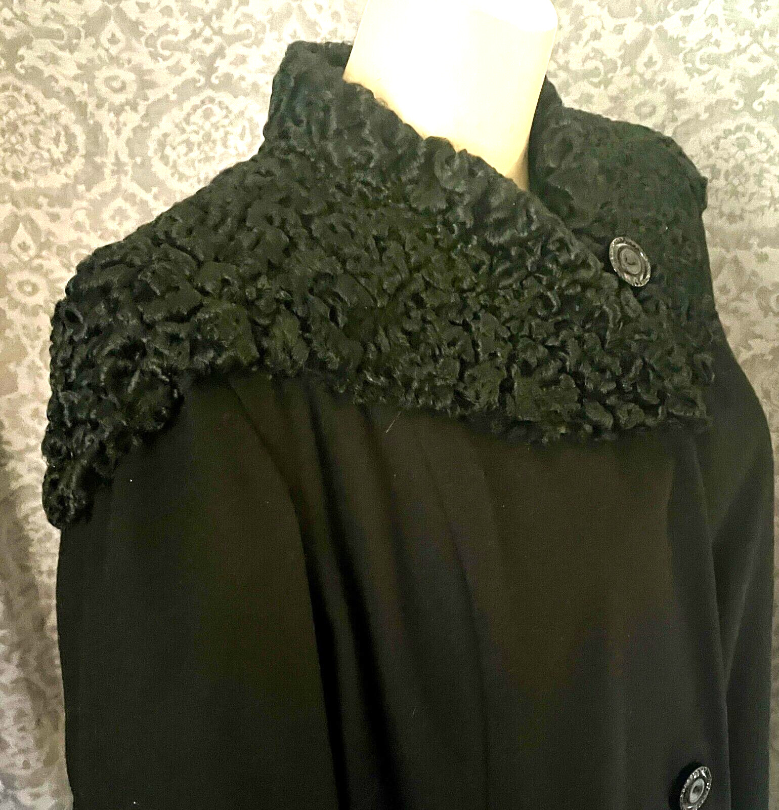 Late 1940s Inky Black Wool Coat, Fabulous Persian Lamb Collar, Excellent, L -XL