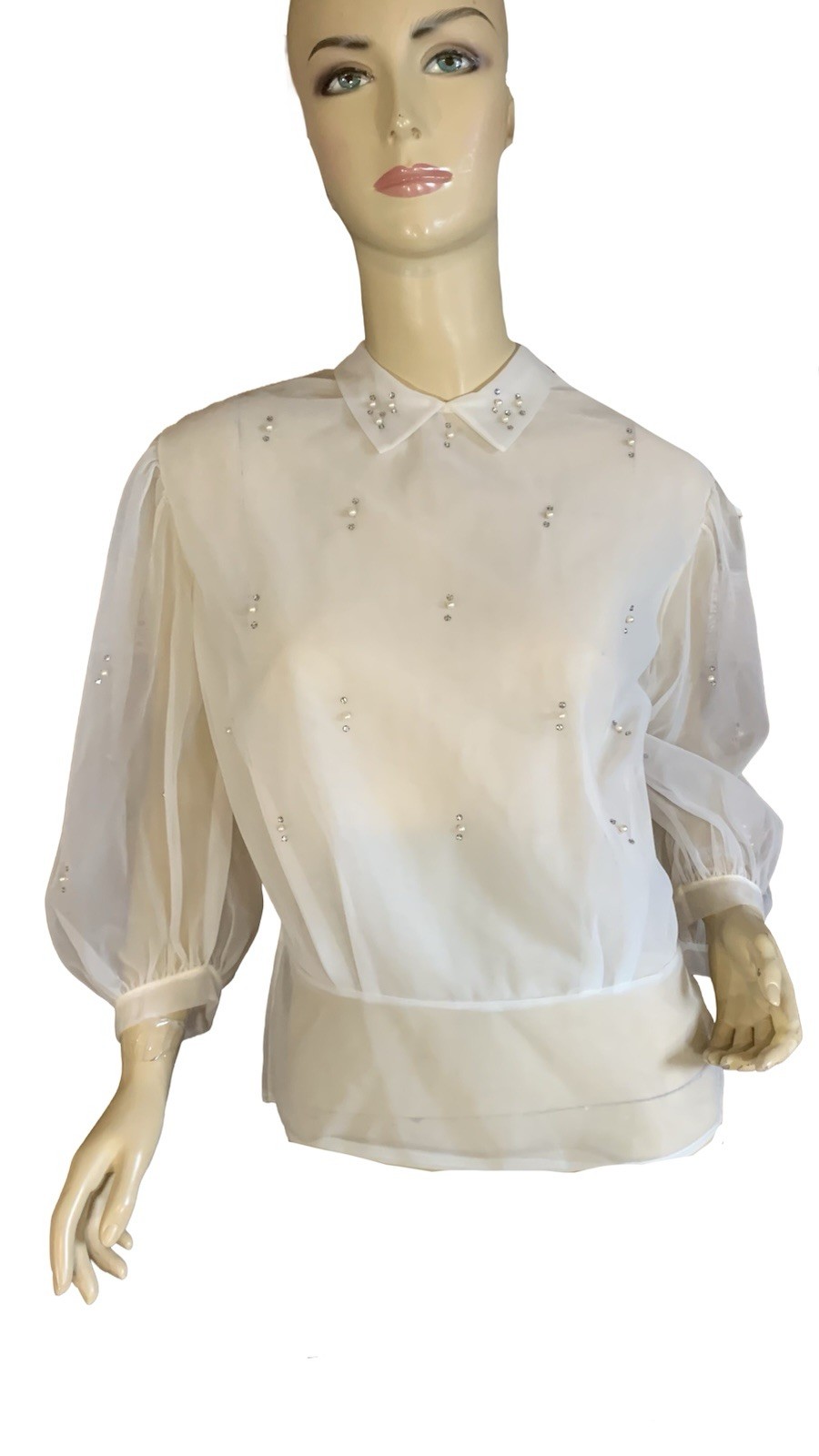 WOMEN’S VINTAGE 1980’S PERRY SHEER WHITE ORGANZA BEADED PEPLUM BLOUSE NWT SZ M