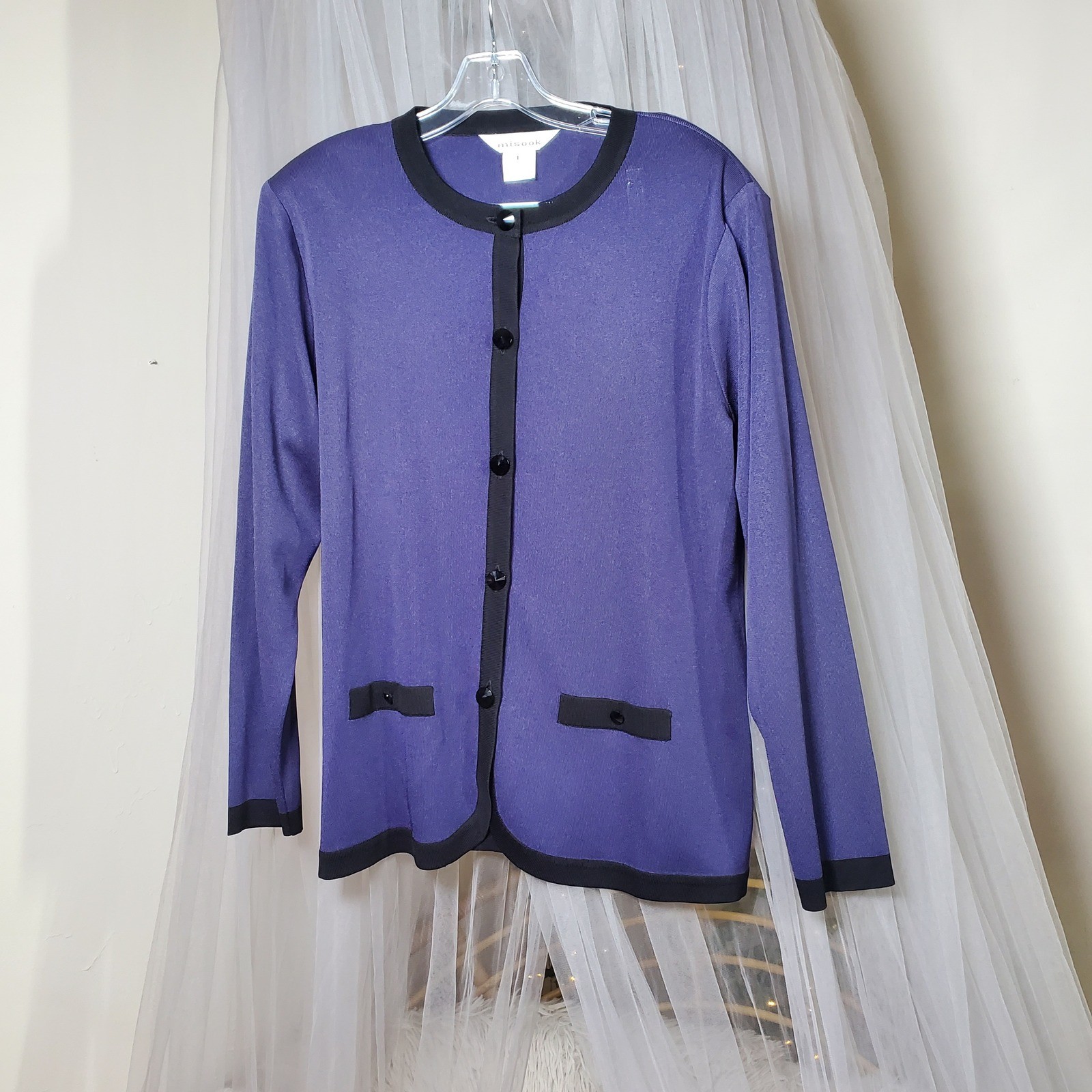 Misook Vintage Old Money Mob Wife Cardigan Purple Designer Career Over Size XL