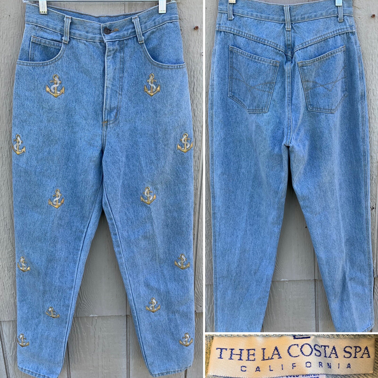 vintage high waist tapered leg jeans embroidered anchor anchors sz 12 28” waist