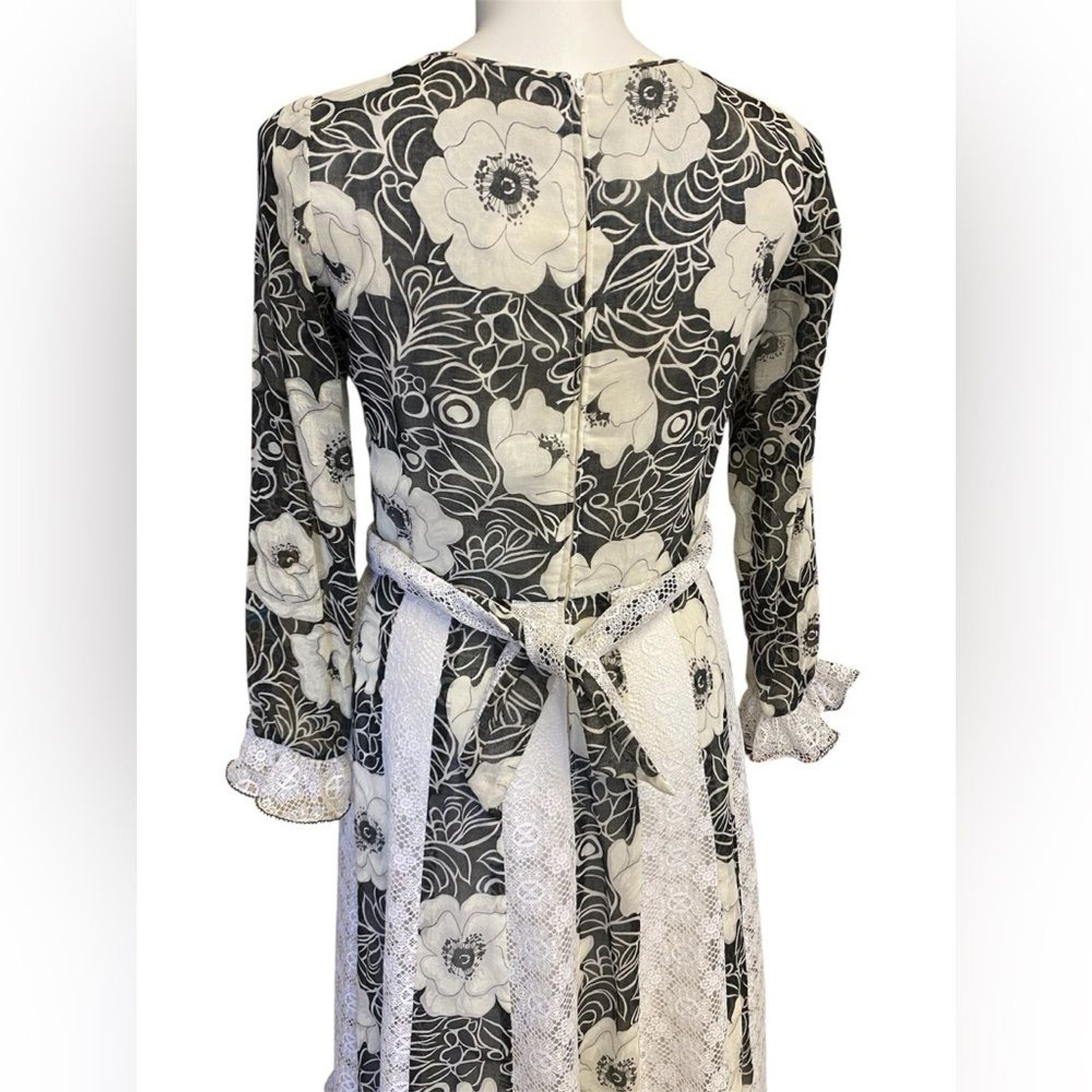 Hovland Swanson Vintage Maxi Dress Black White Floral Lace Prairie Womens M