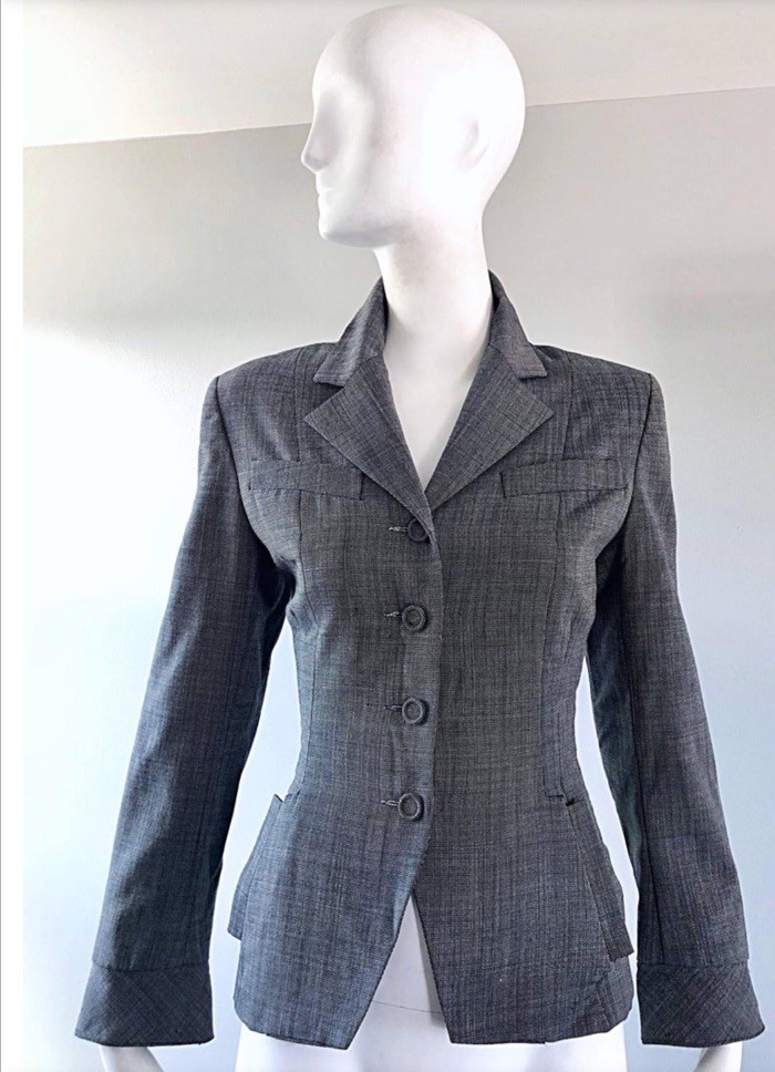 Vintage Norma Kamali 1980s Does 1940s Size 12 Grey Cropped Fitted Blazer Jacket