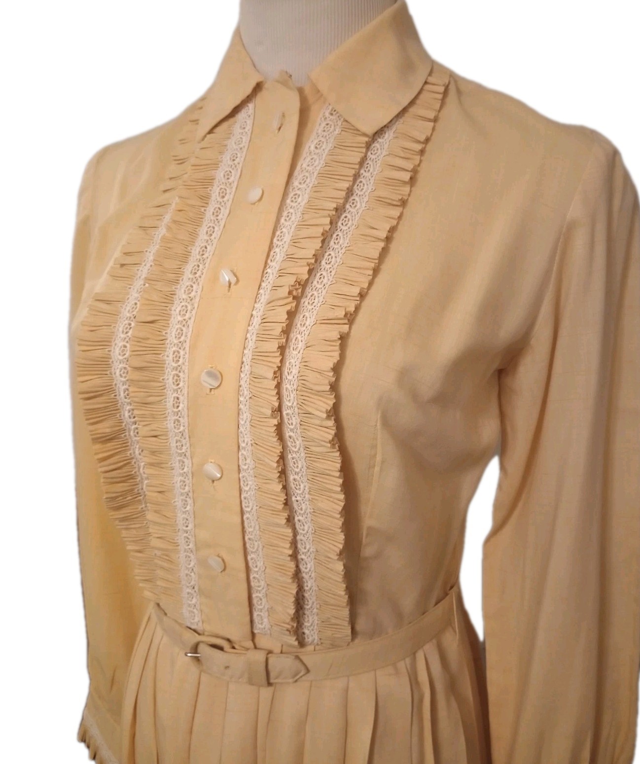 Vintage Yellow Dress Button Down Ruffle Front Shirt w/ Belt Pleated Skirt Medium
