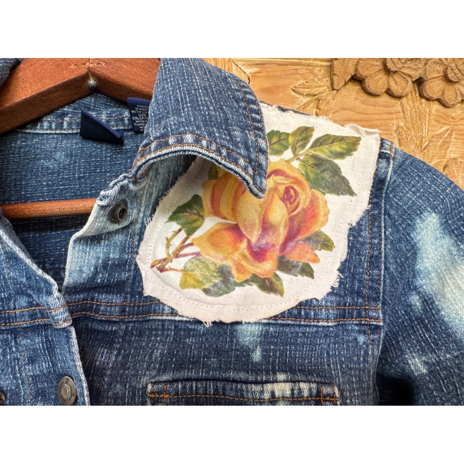 Upcycled Butterfly Jean Jacket | Bleached Fringe Denim | Size S