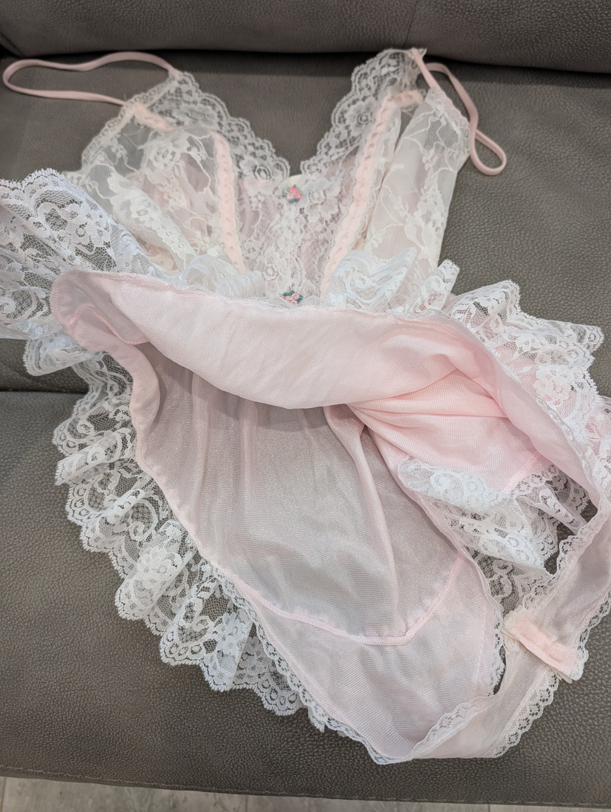Vintage Pink Lace High Cut Teddy Bodysuit Size Large Sheer Nylon Floral Lingerie