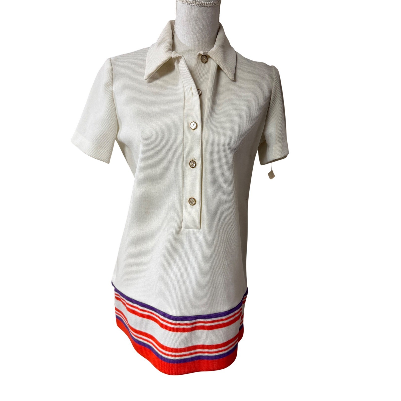 Vintage 70s Mod Striped Hem Polo Tunic Mini Dress Cream M Retro