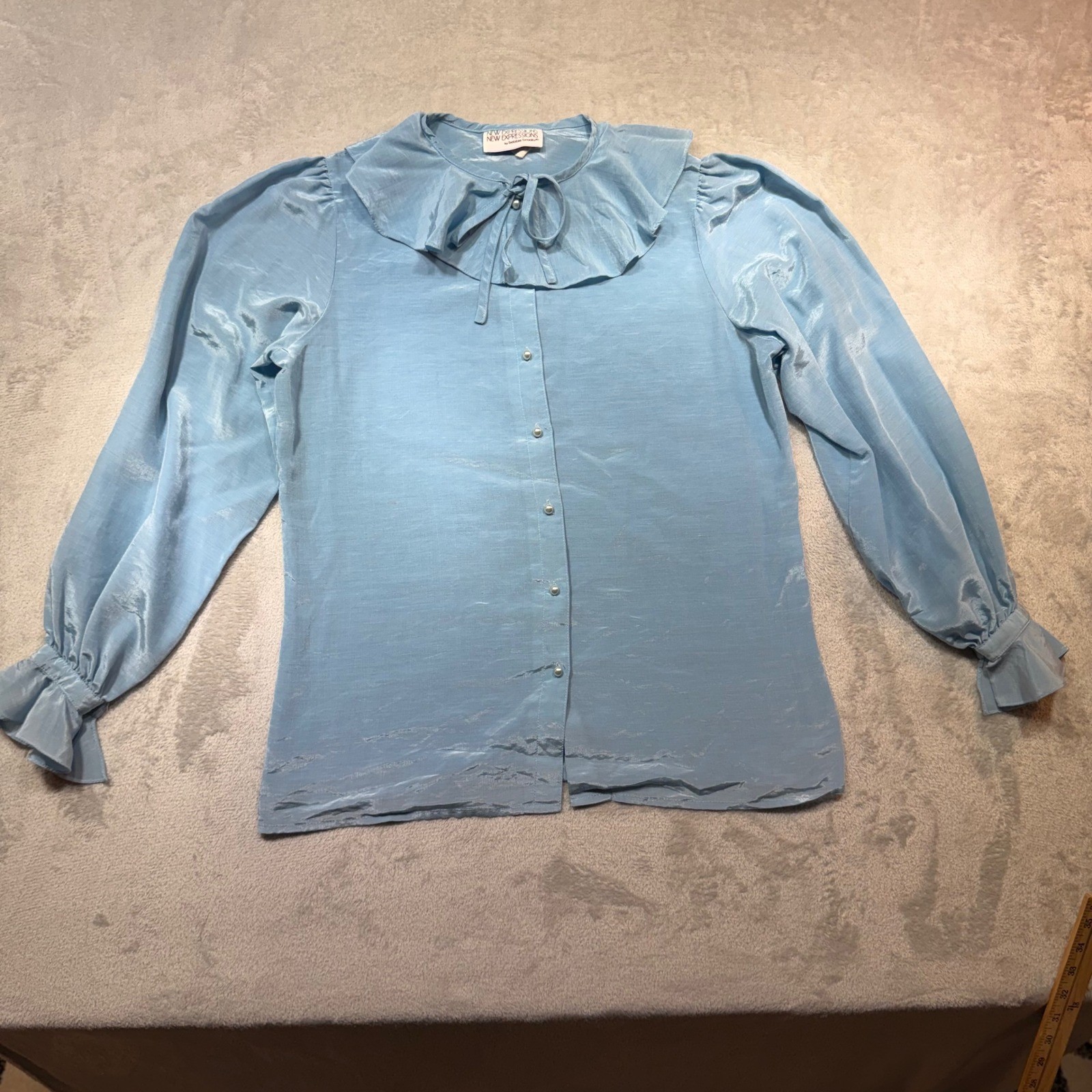 Vintage 80s New Expressions Blue Ruffle Blouse Pearl Button Shimmer Size M L