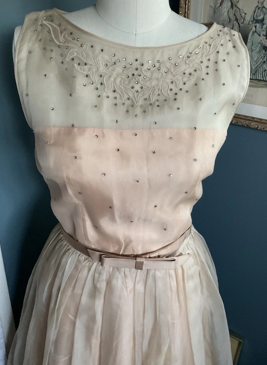 VINTAGE 50’S R & K Sheer Chiffon nude Party Dress w/ Rhinestones Rockabilly 6
