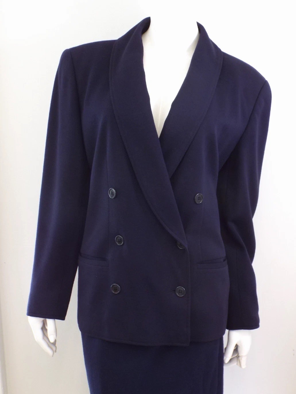 Vintage Giorgio Armani Navy Blue Wool Skirt Suit Double Breasted Blazer 44 Italy