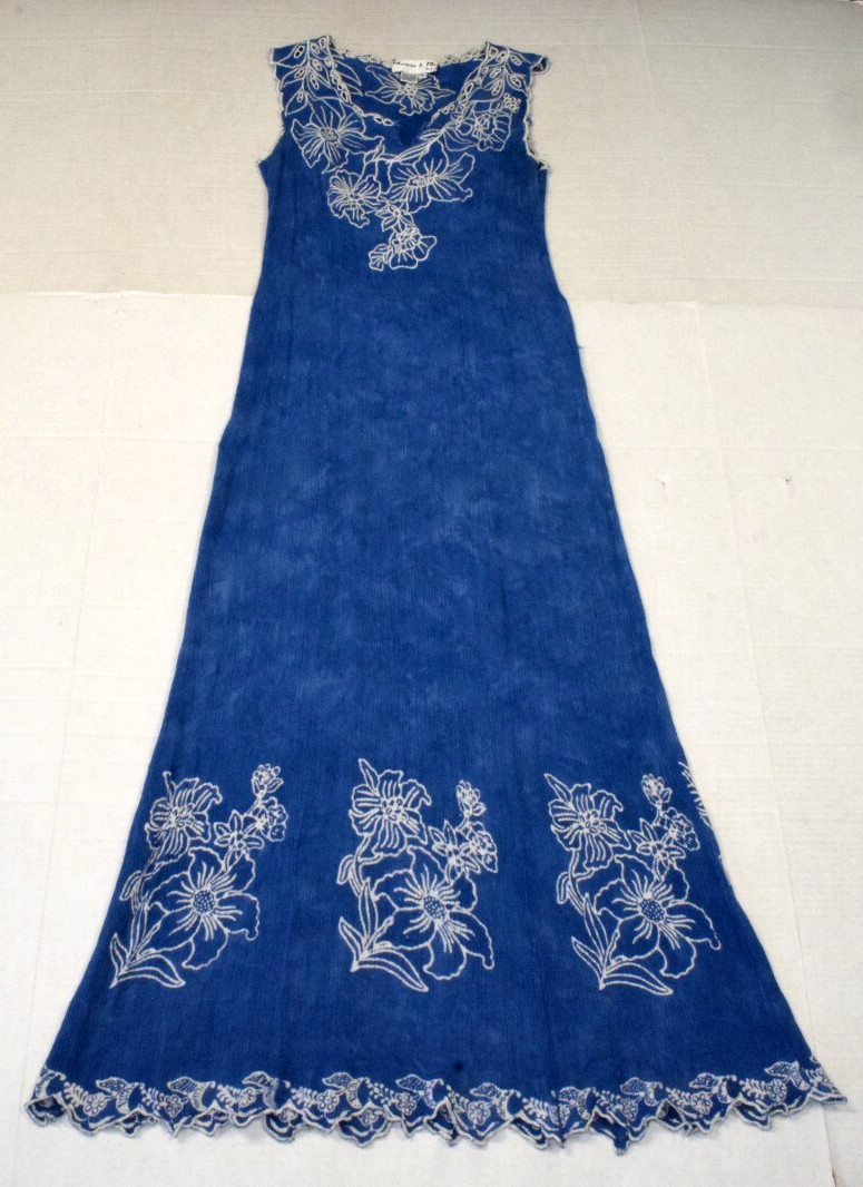 Vintage Dress Marcia and Me Size S 90s Ocean Blue Rayon Crinkle Embroidered Trim