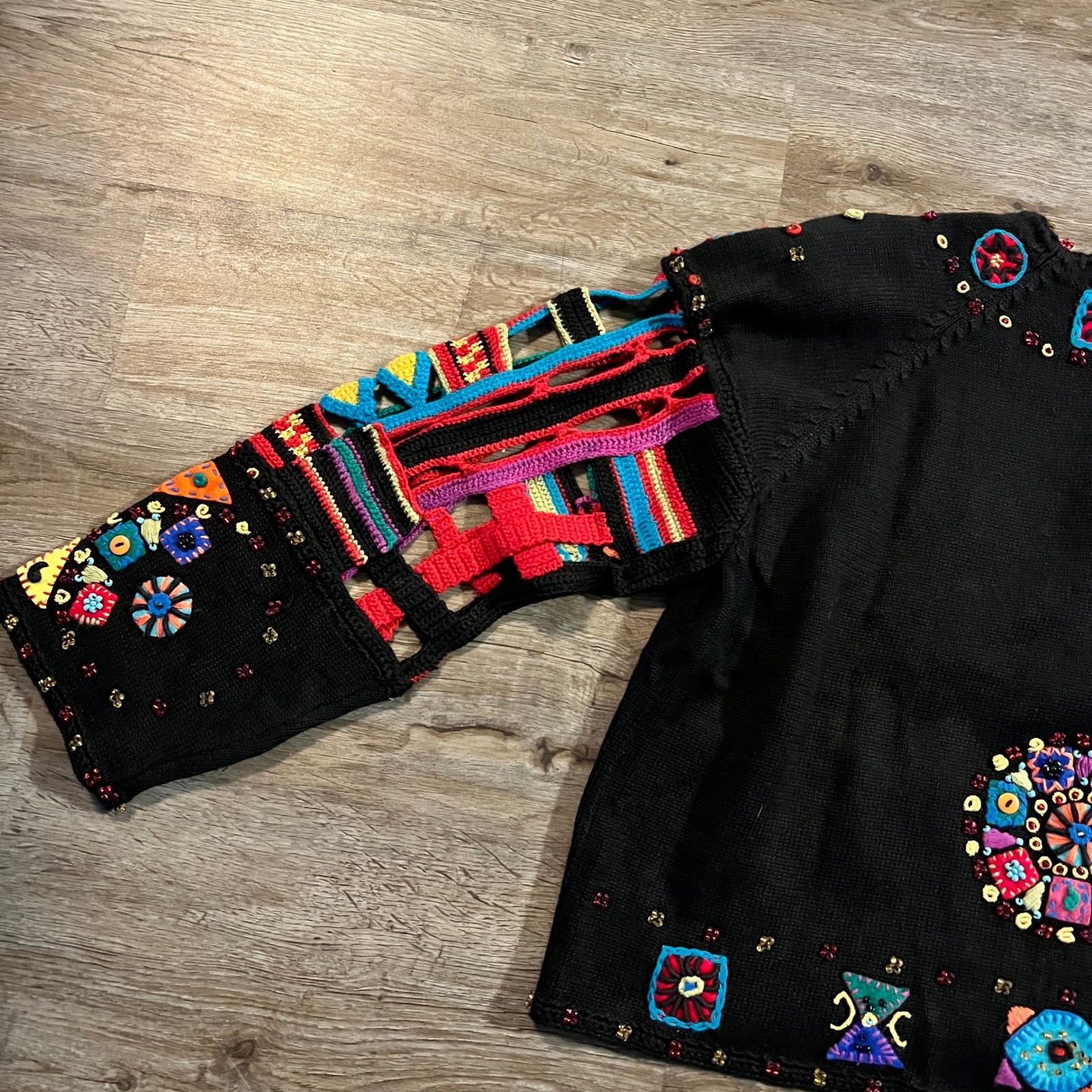 Michael Simon Vntg Beaded Embroidered Cardigan Black Multi Color Art Knit 2