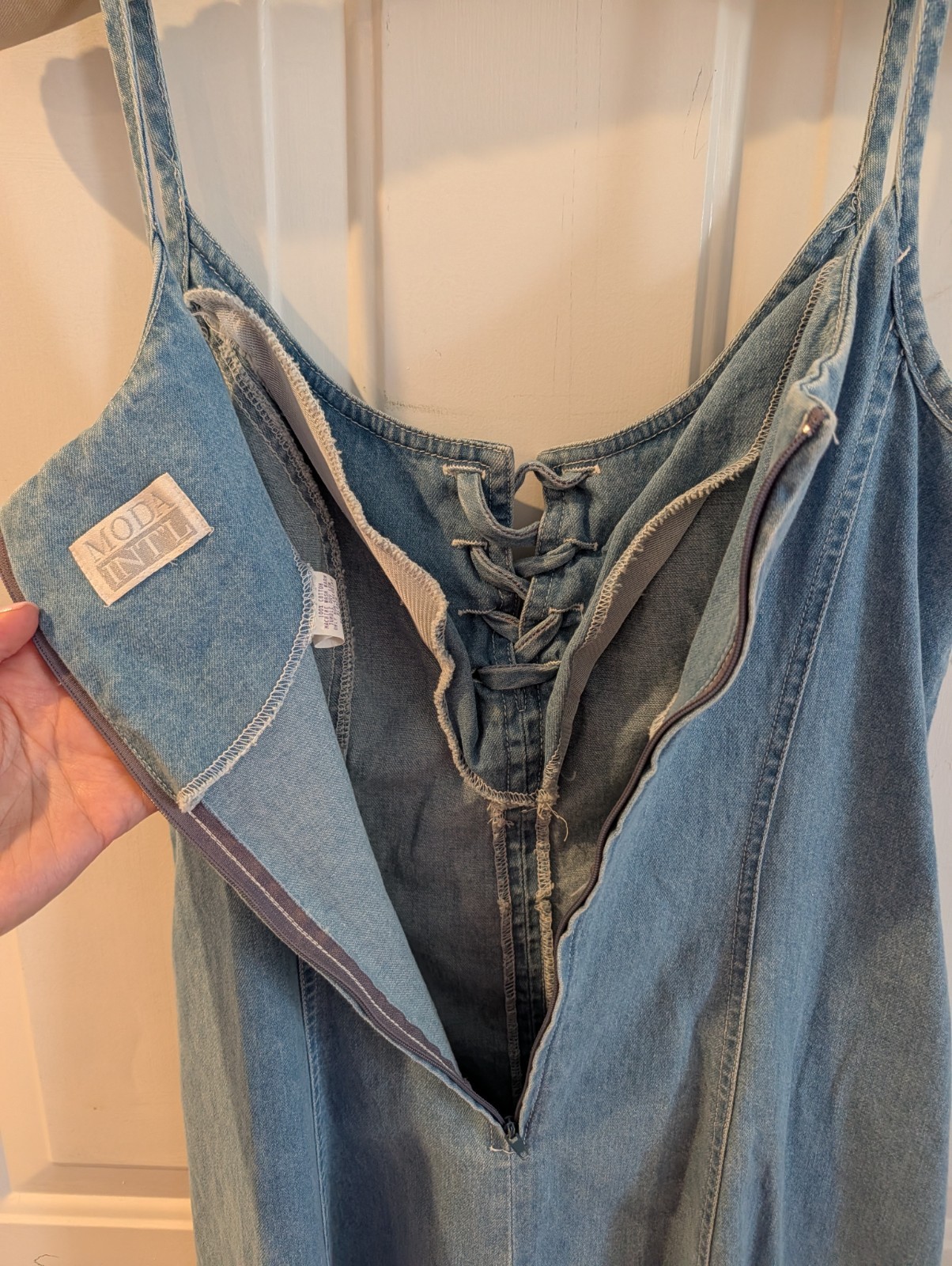 1990s Vintage MODA lNT’L 100% Cotton Denim Dress Sz 8 Drawstring Front Sexy Mom