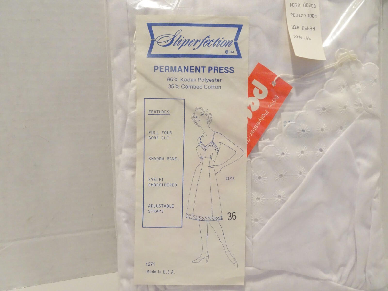 Sliperfection Poly Cotton Blend Slip Dress Size 36 Eyelet Trim White NOS