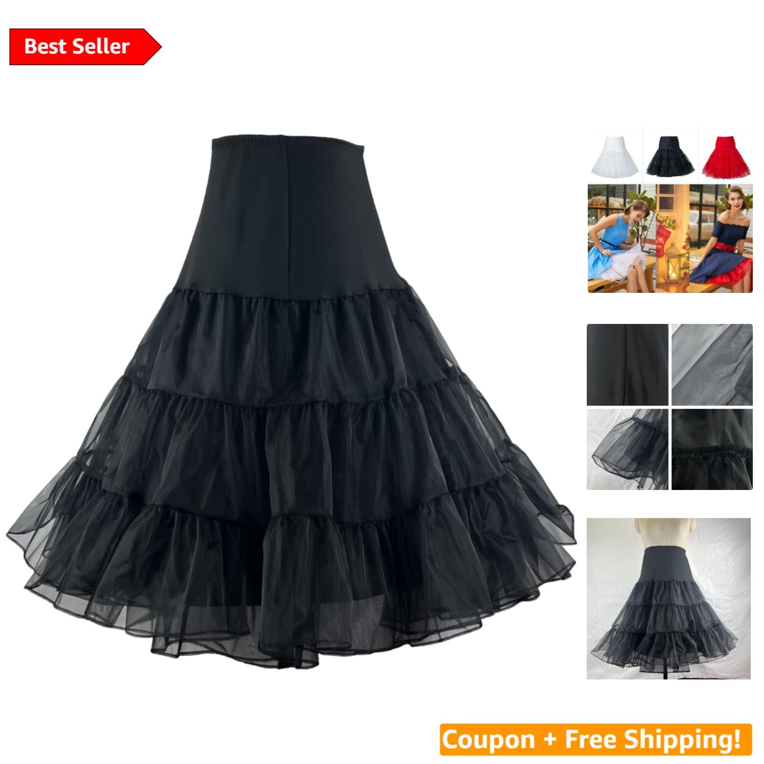 Elegant 50s Style Crinoline Petticoat – Black Organza Tutu for Special Occasions