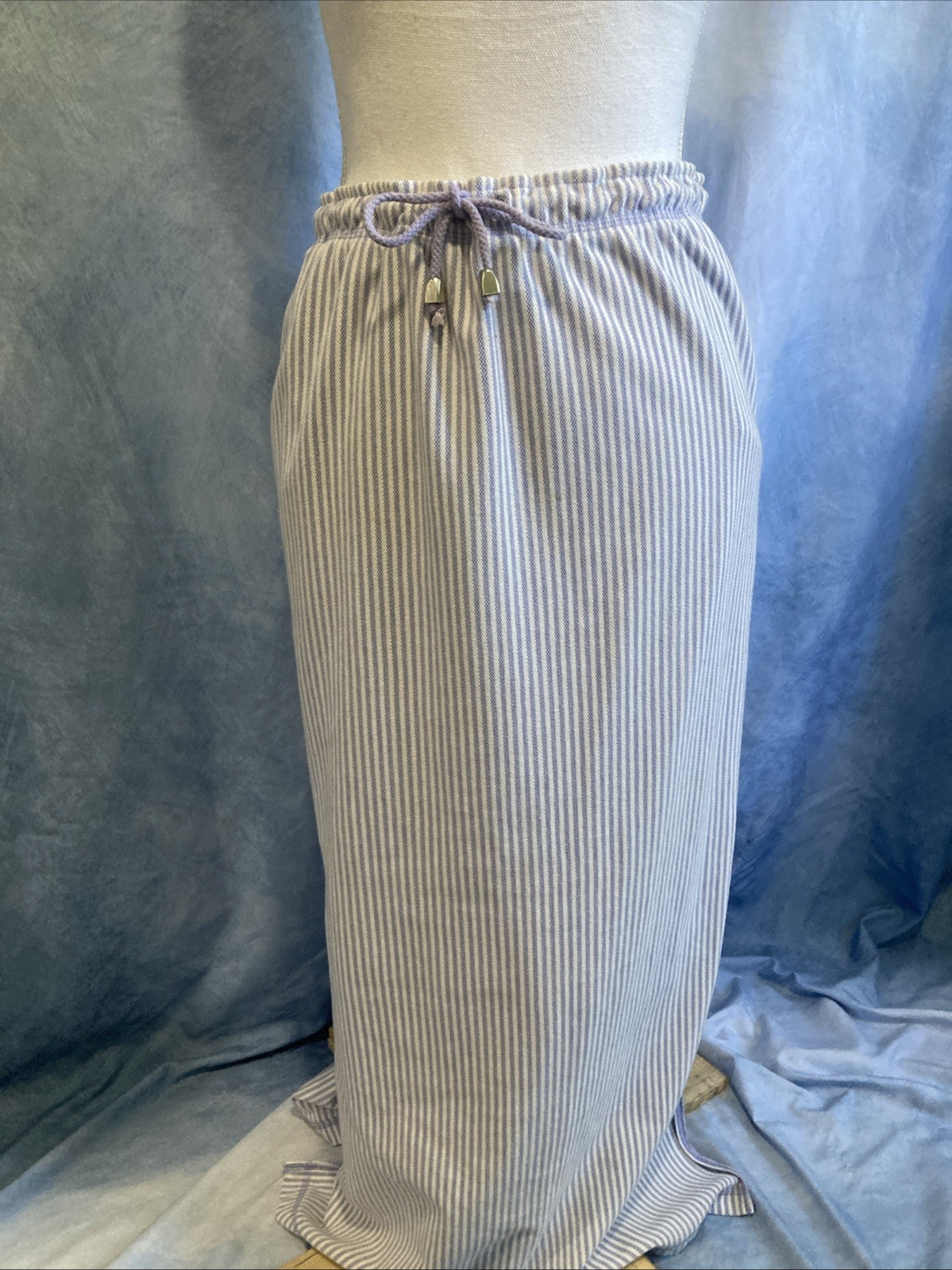 VTG 90s K Wear by Koret Maxi Skirt Large Blue Pinstripe Drawstring Side Slits