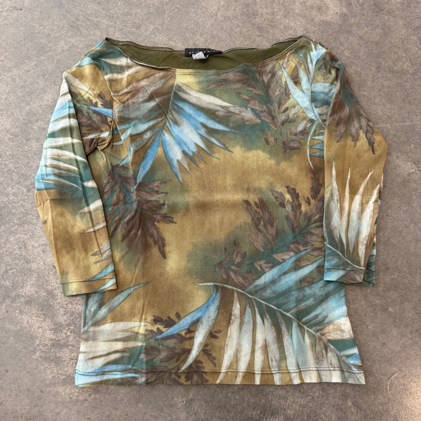 Vintage Y2K Microsheer Green Palm Miami Hawaii Style 3/4 Sleeve Blouse Large