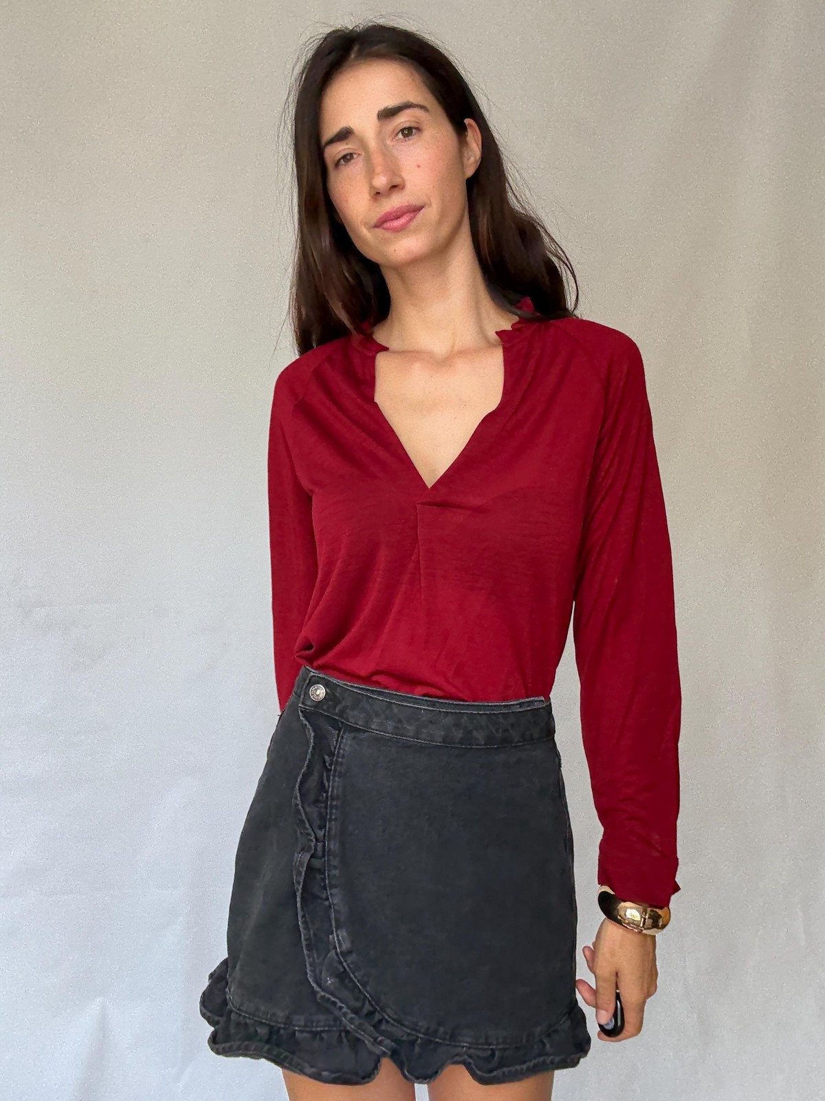 Super soft wool deep red long sleeve top, Red V-neck jumper jersey, Size S