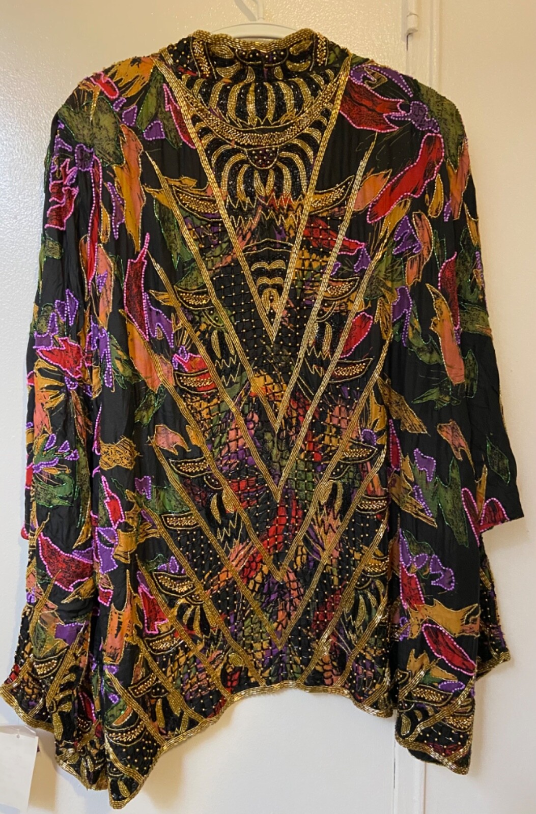 Jasdee Vintage Jacket Open Front Domin Sleeve Hand Work Beading Hand Print Silk