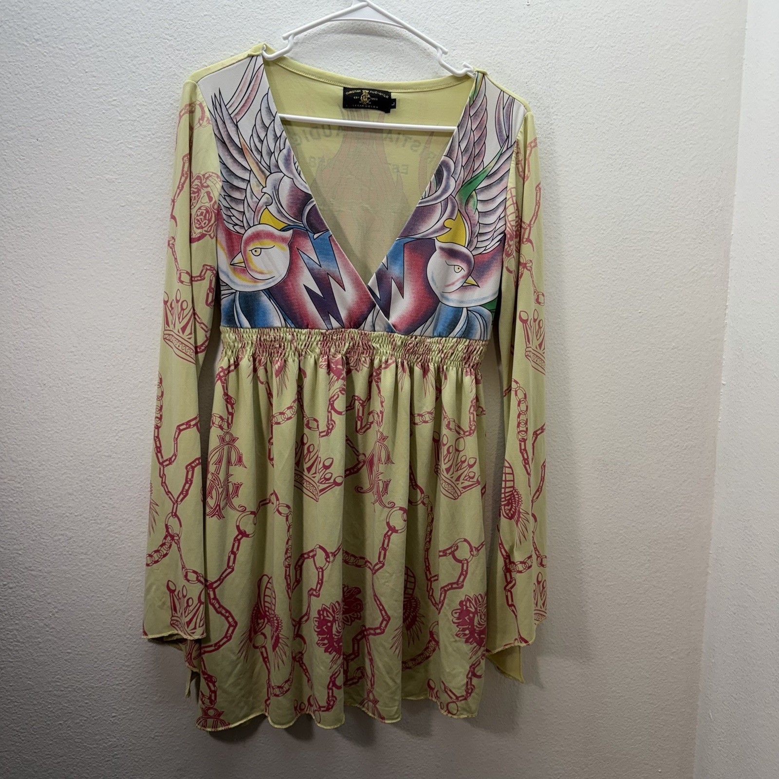 Christian Audigier Ed Hardy Dress Vintage Y2K Babydoll Style Sz L Bell Sleeves