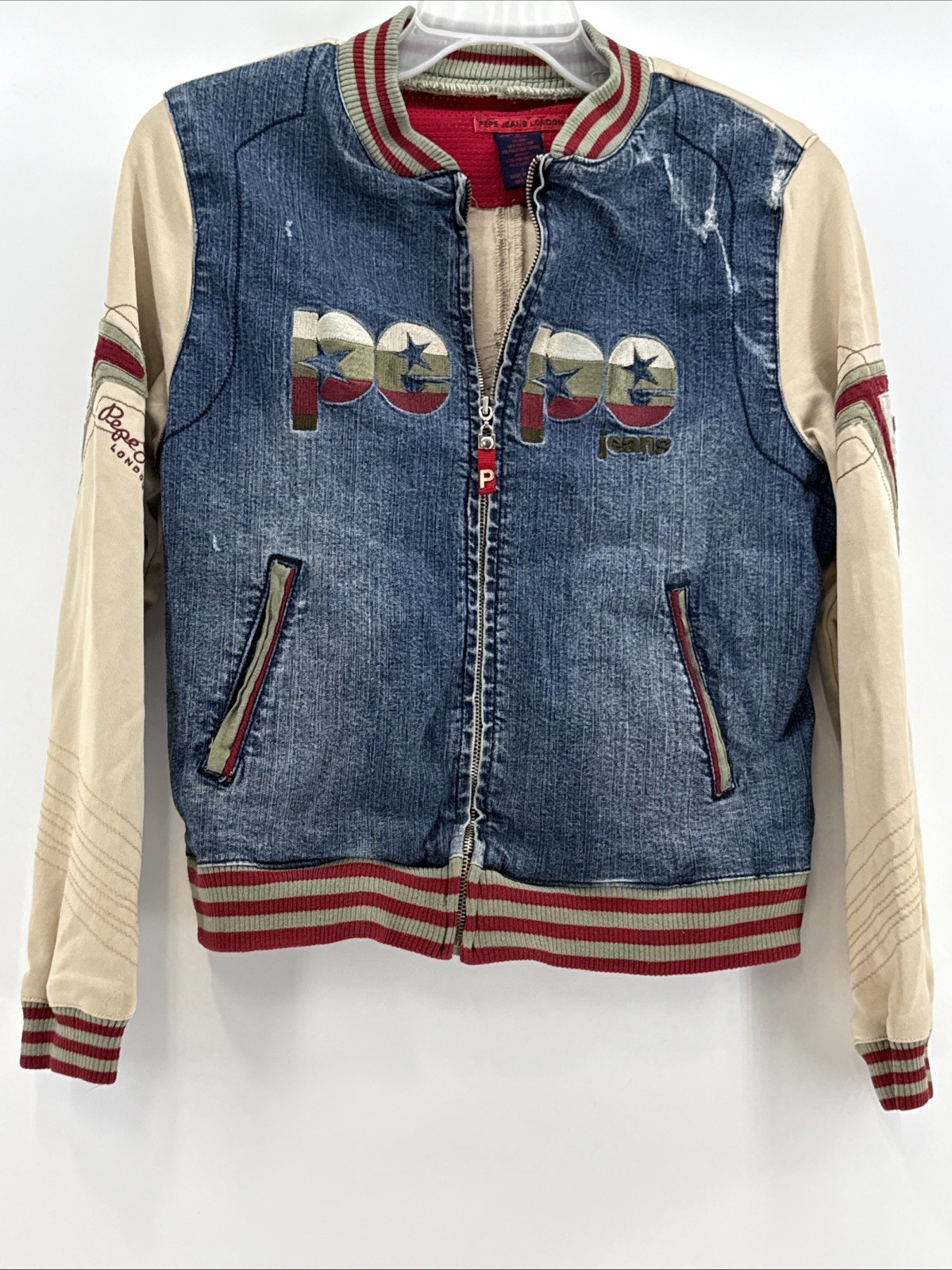 PePe Jeans London Bomber Varsity Denim Jersey Jacket, Embroidered Teens Large