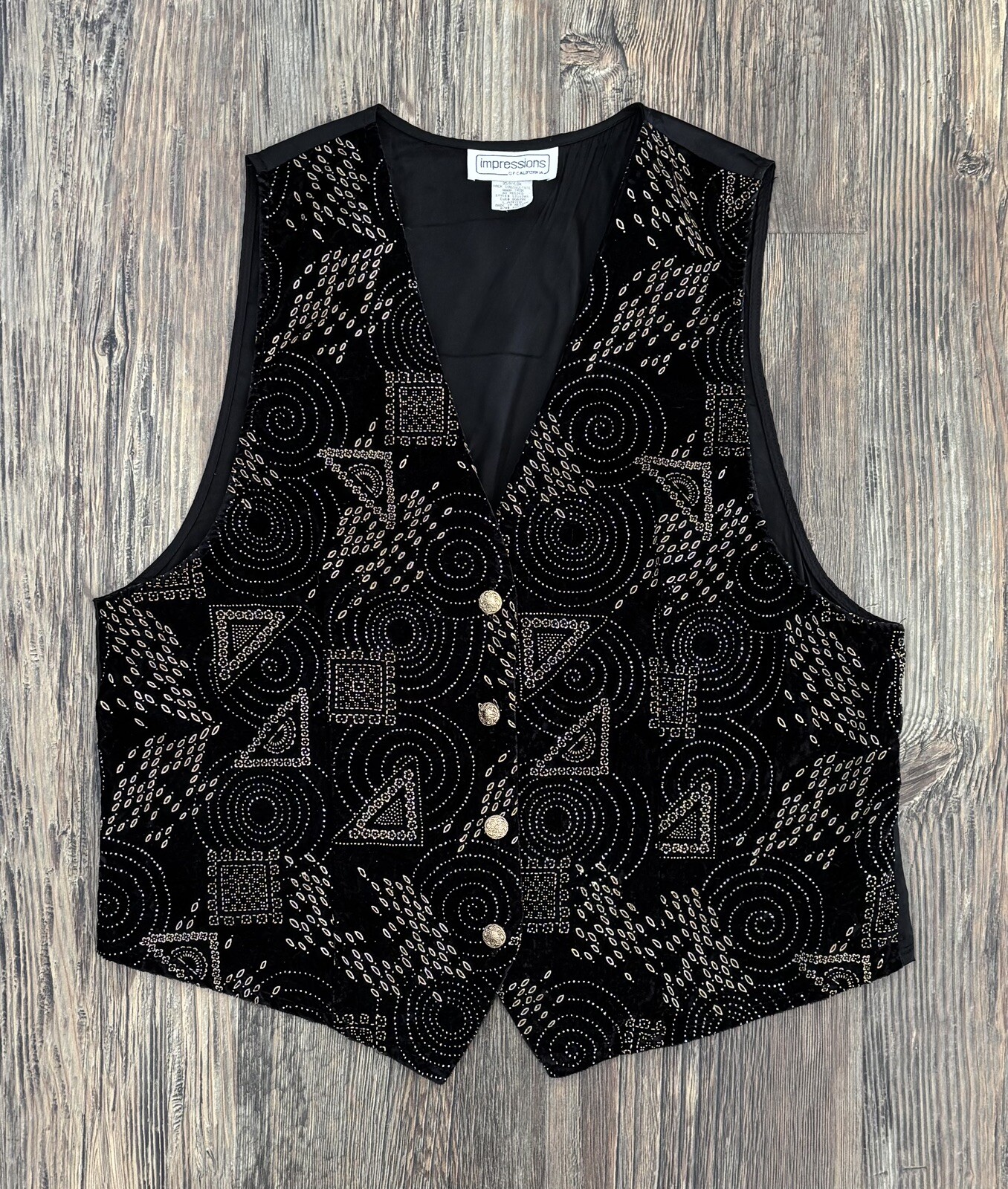 Impressions of California Velvet Vest Women’s Lg Vtg Art Deco Black Gold Silver