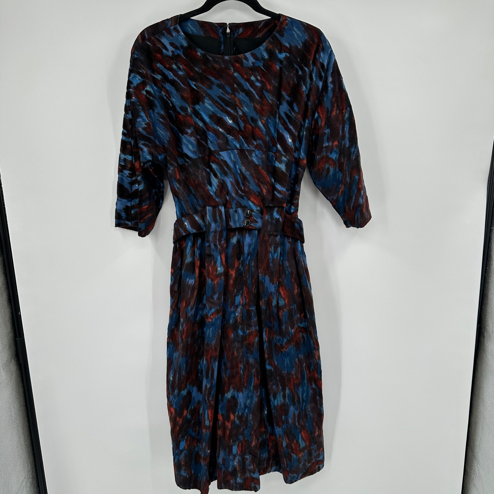 Vintage Galanos Abstract Brushstroke Print Belted Dress Blue Rust 3/4 Sleeve