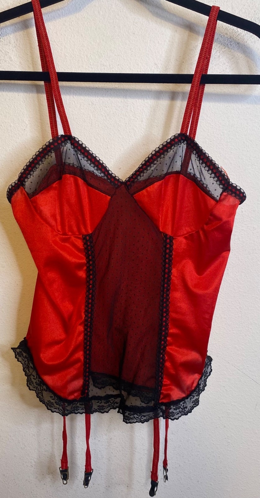 Vintage Nan Flower Black Red Mesh Nylon Bodysuit Garter Belt Lingerie MEDIUM