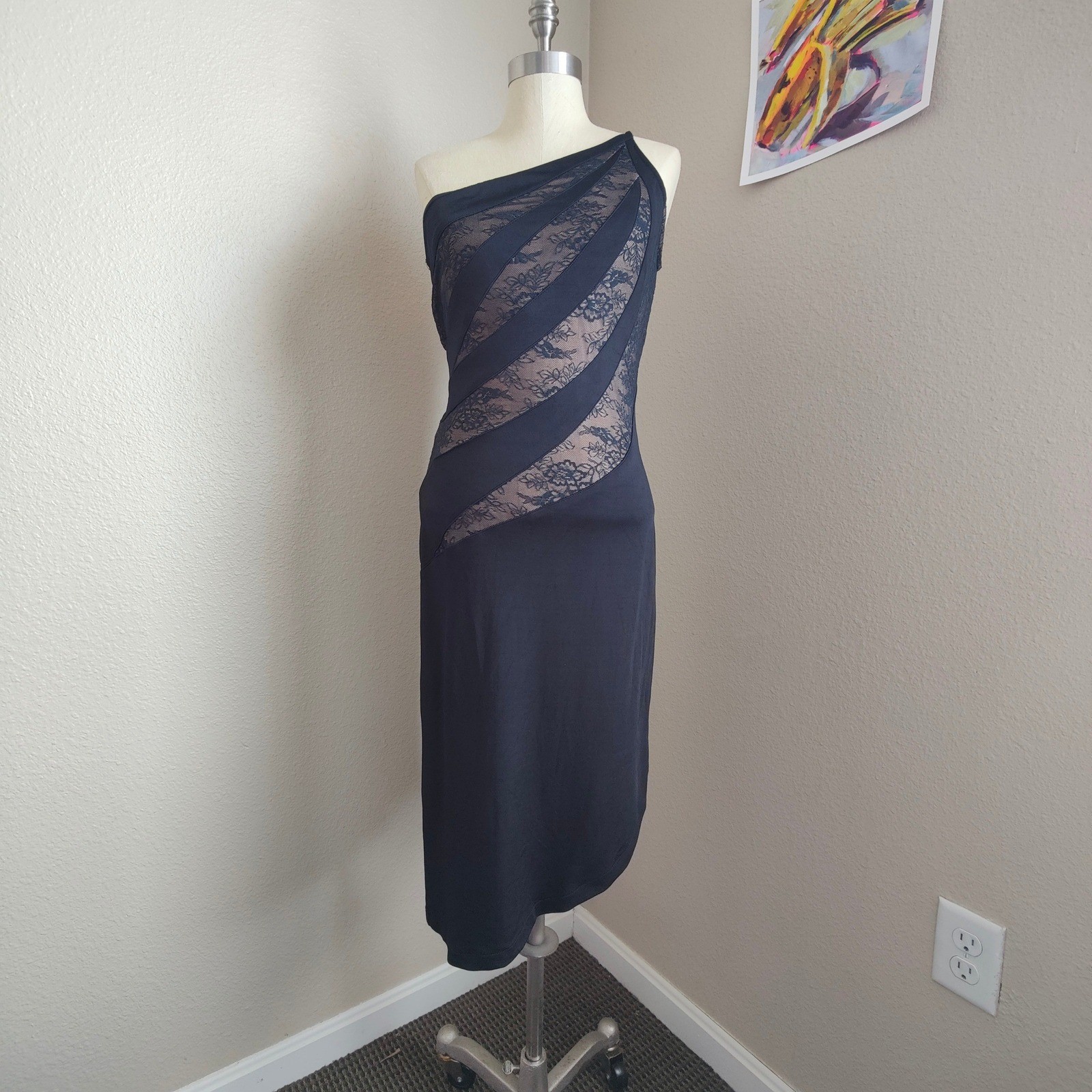 Vintage Cache Black One Shoulder Lace Midi Dress Stretch Bodycon M Made in USA