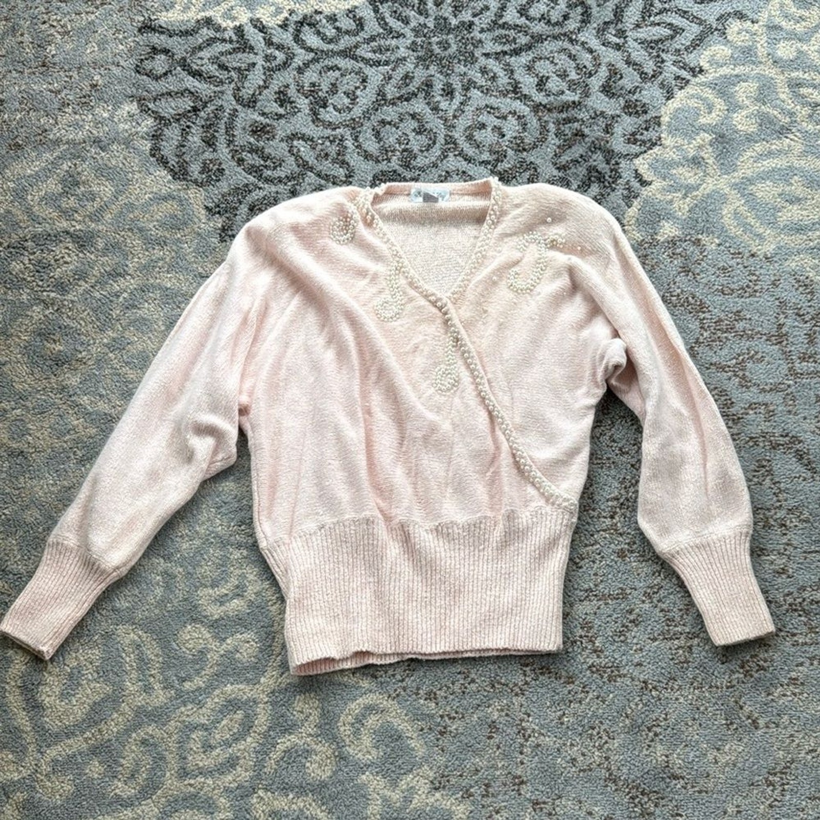 Vintage Dana Ashley Silk Angora Knit Pearled Wrap Sweater Pink Medium