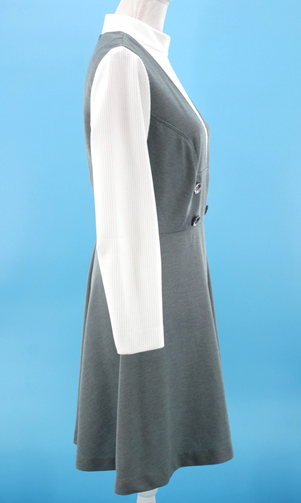 VTG Women’s 60s Gray & White Long Sleeve Pinafore Look Mini Dress S/M 1960s