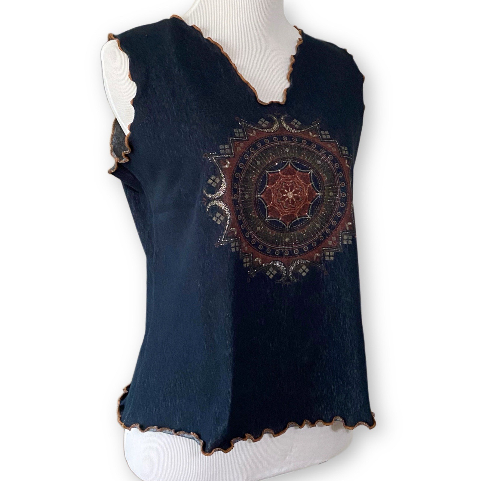 Fashion Bug XL Vintage Boho Mandala Sleeveless Lettuce Edge Hem Denim Blue Shirt