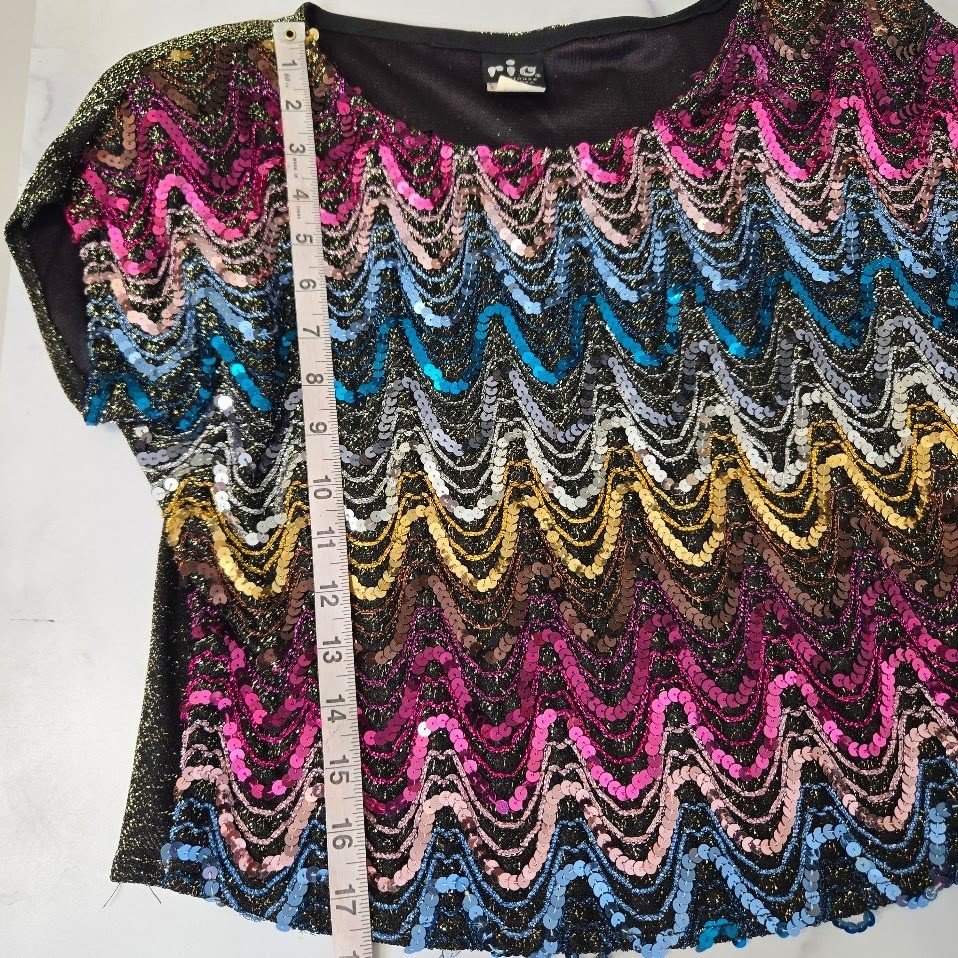 Vintage Sequin Glittery Crop Top Womens Black Multi Zig Zag Metallic Disco Glam