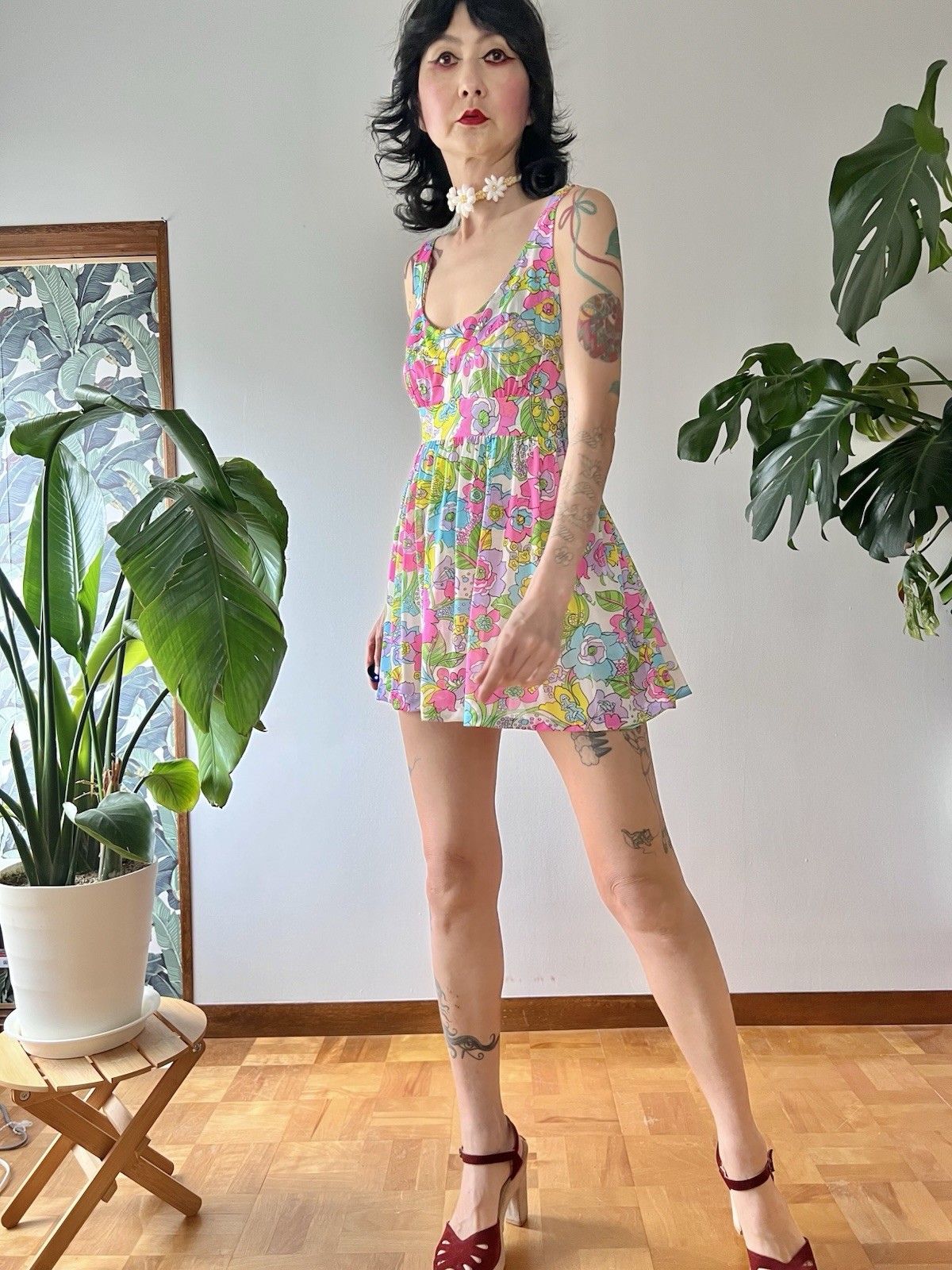 60s Mod Psychedelic Swirl Floral Babydoll Mini Dress Neon Pink Lounge Dress M/L