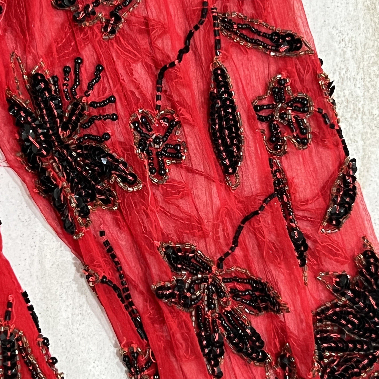Vintage Laurence Kazar Beaded Top Red Floral Pure Silk Sz L EUC