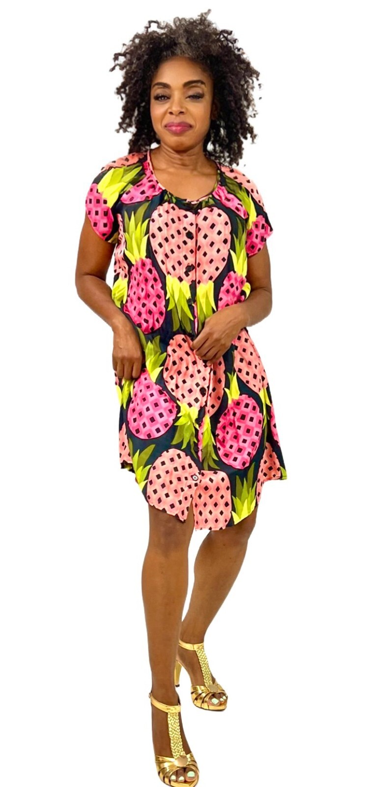 VTG Marimekko Samu Jussi Koski Pineapple Print Cotton Dress Mod Shift S M 2000s