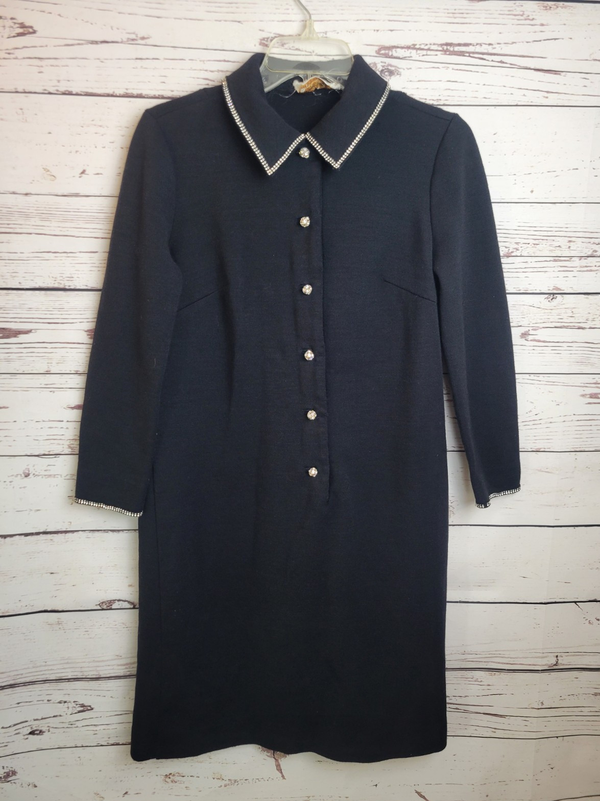 Vtg 1960s Butte Knit Wool Dress Union Made Black Rhinestone Stud Buttons Medium