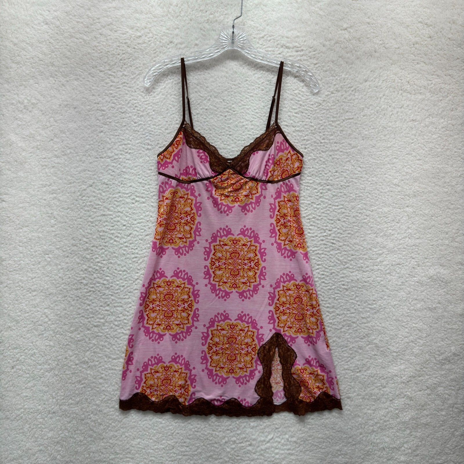 Y2K Vintage Slip Dress Small Pink Brown Pattern Boho Fairy Grunge Whimsigoth