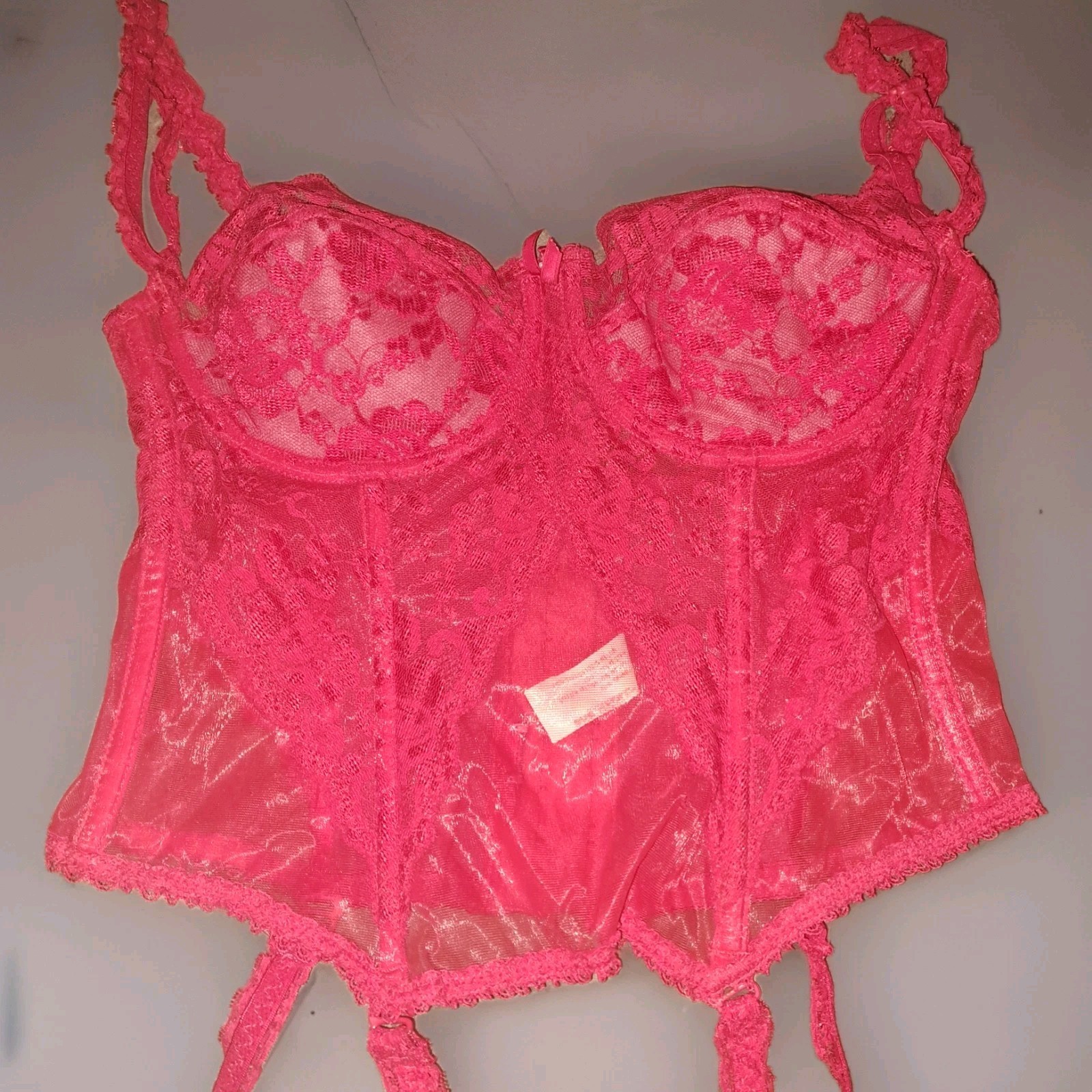 1970-80’s Vintage Lady Marlene Red Corset W/Garter Clips Lace & Stockings Sz 36C