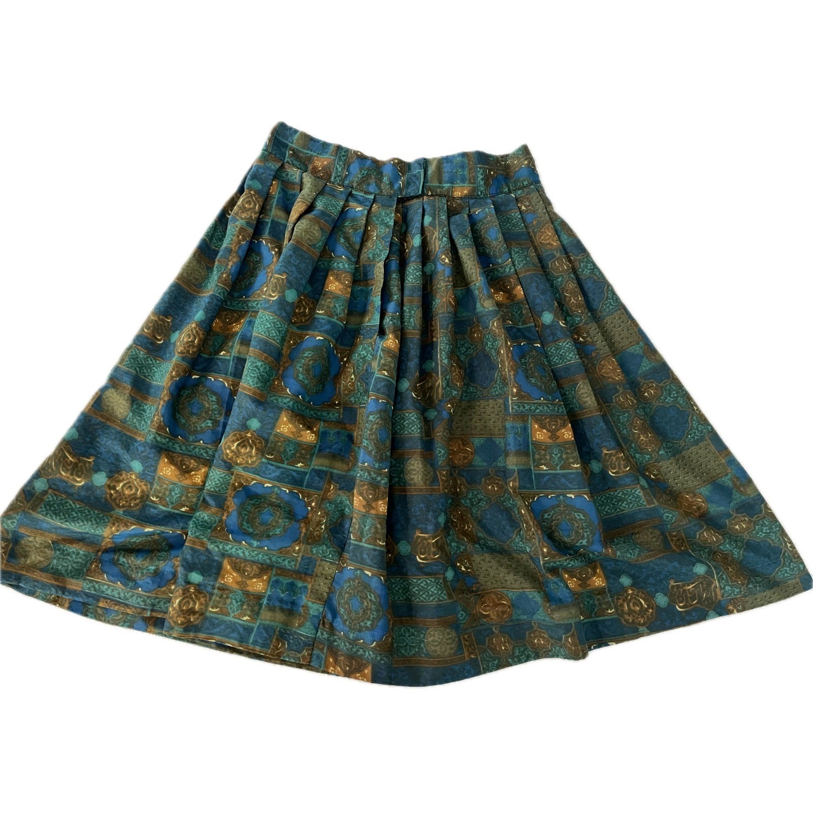 Vintage 70s Handmade Art Deco Geometric Midi Skirt Blue Green Bronze Size S