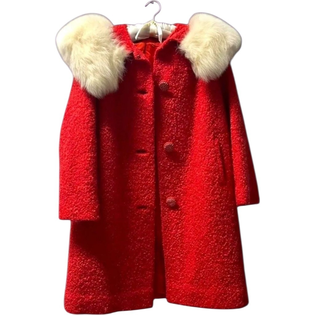 Vintage Coat 1950s Curly Lamb Wool White Fox Fur Collar, Red/Pink
