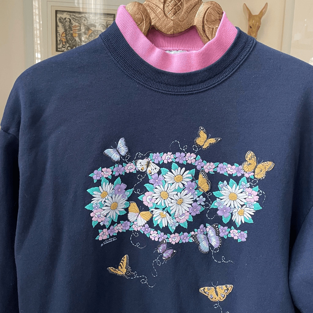 Vintage 80s Layered Look Graphic Sweatshirt Flowers Butterfly L