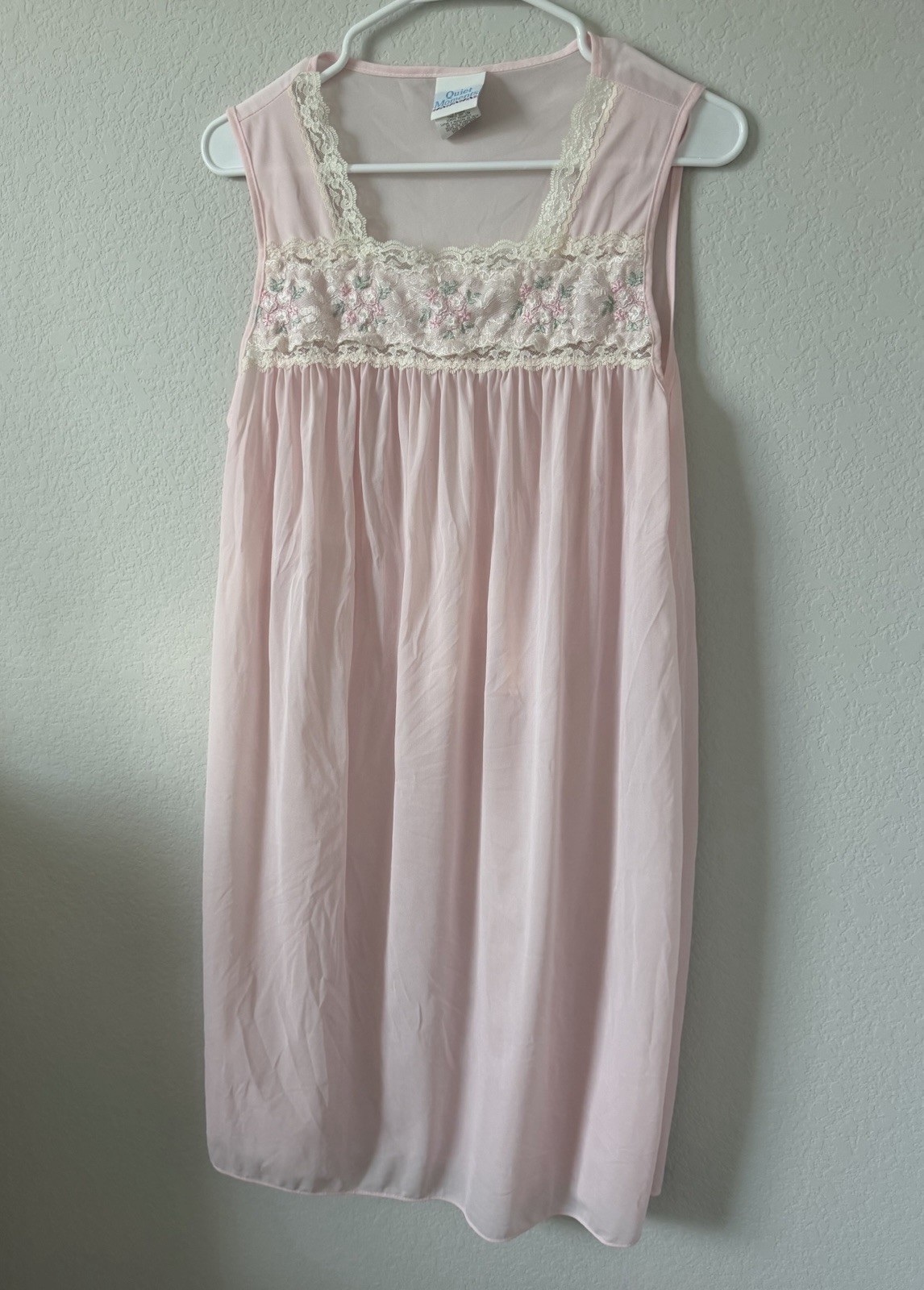Vintage 80s/90s Nylon Short Nightgown Pink Lace Trim Embroidered Quiet Moments