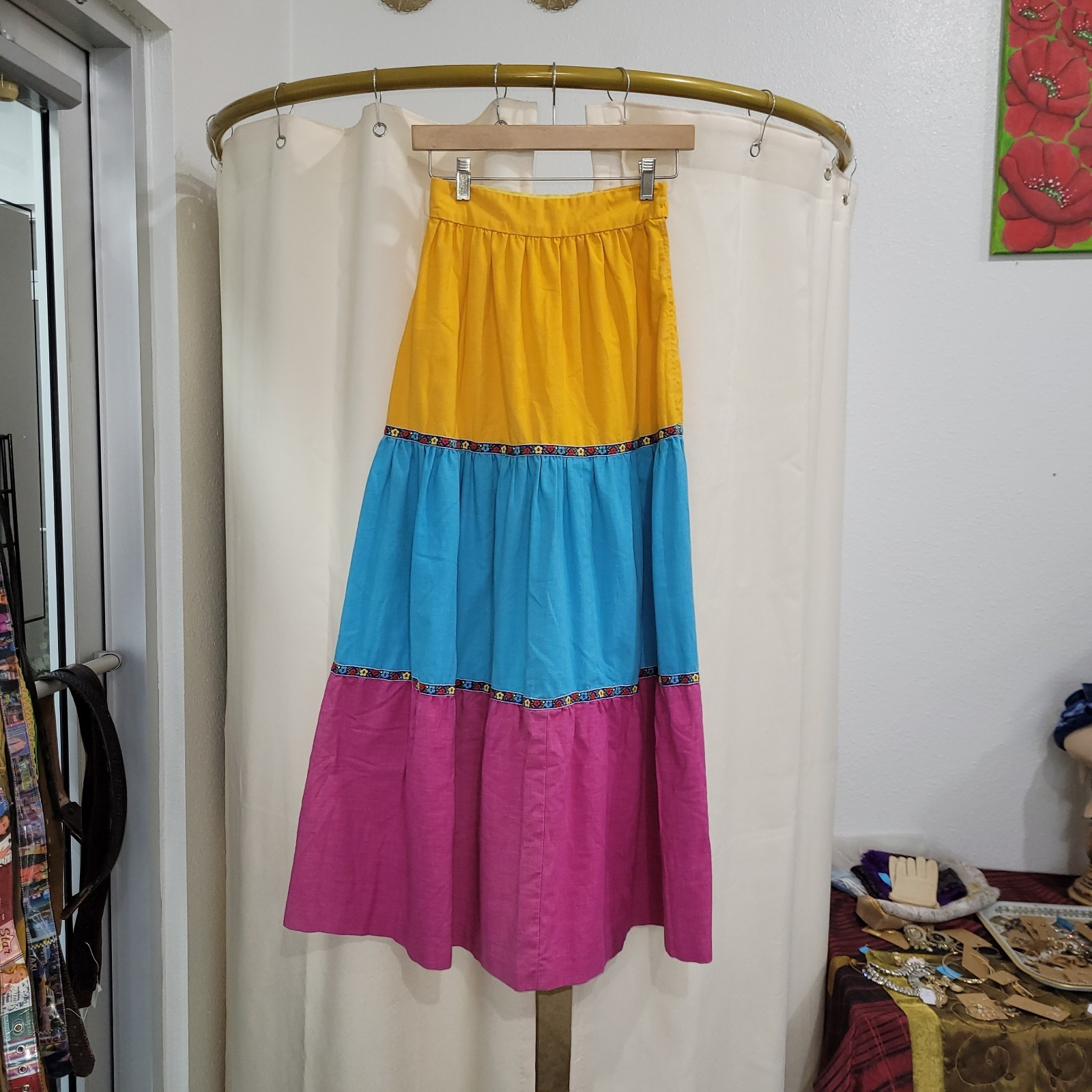 1970’s Yellow Blue Pink Fiesta Cotton Hippie Boho Maxi Skirt XS With Embroidery