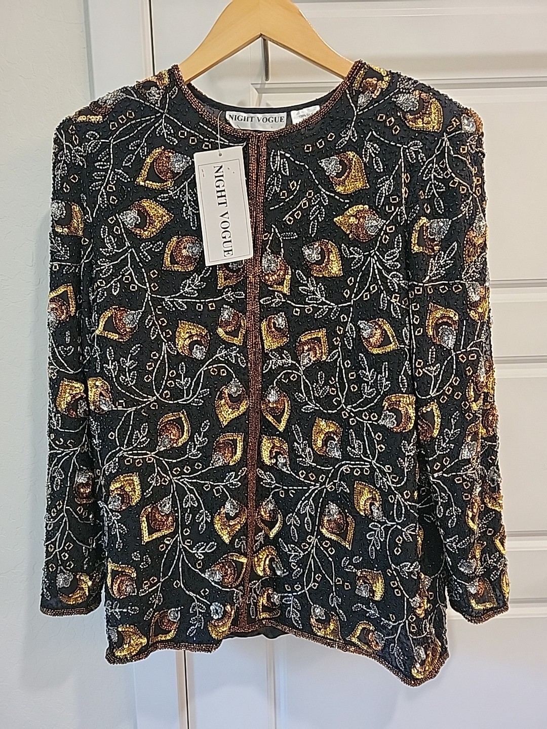 NWT NIGHT VOGUE Vintage gold Sequin & Beaded Jacket Glam Disco 80s 90s M Silk
