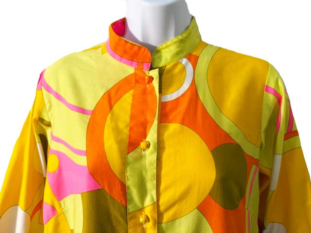 Catherine Ogust Penthouse Gallery VTG 70s Mod Colorful Cotton Shirt Dress M/L