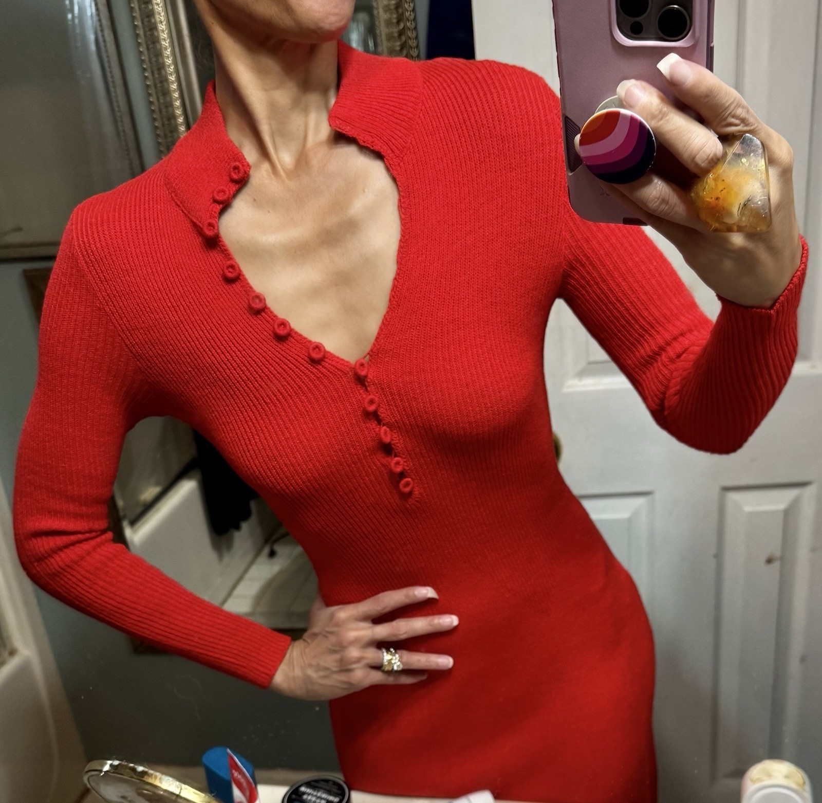 Vtg The Knit Group Stretch Acrylic Sweater Wiggle Dress Fitted Red Skinny Sleeve