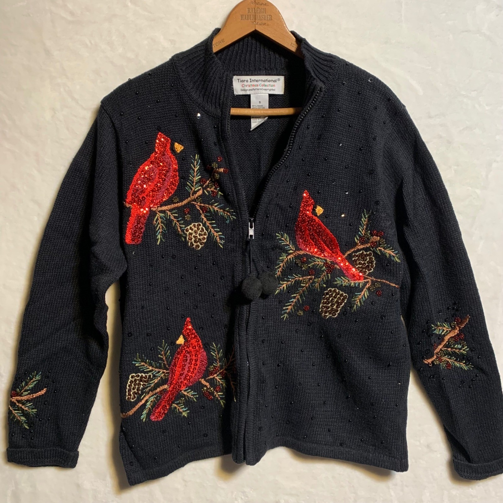 Tiara International Christmas Cardinal Zip Up Sweater Black Sequin Beaded Small