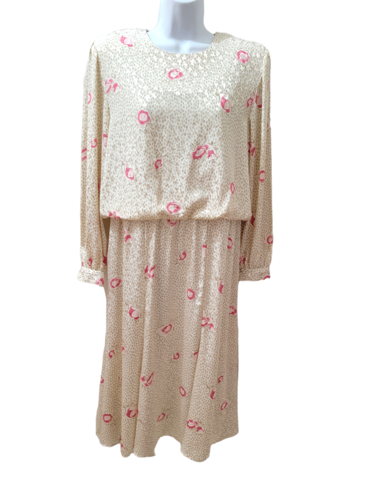 Andrea Gayle Petites Long Sleeve Dress Silky Satin White Pink Floral Womens 12P