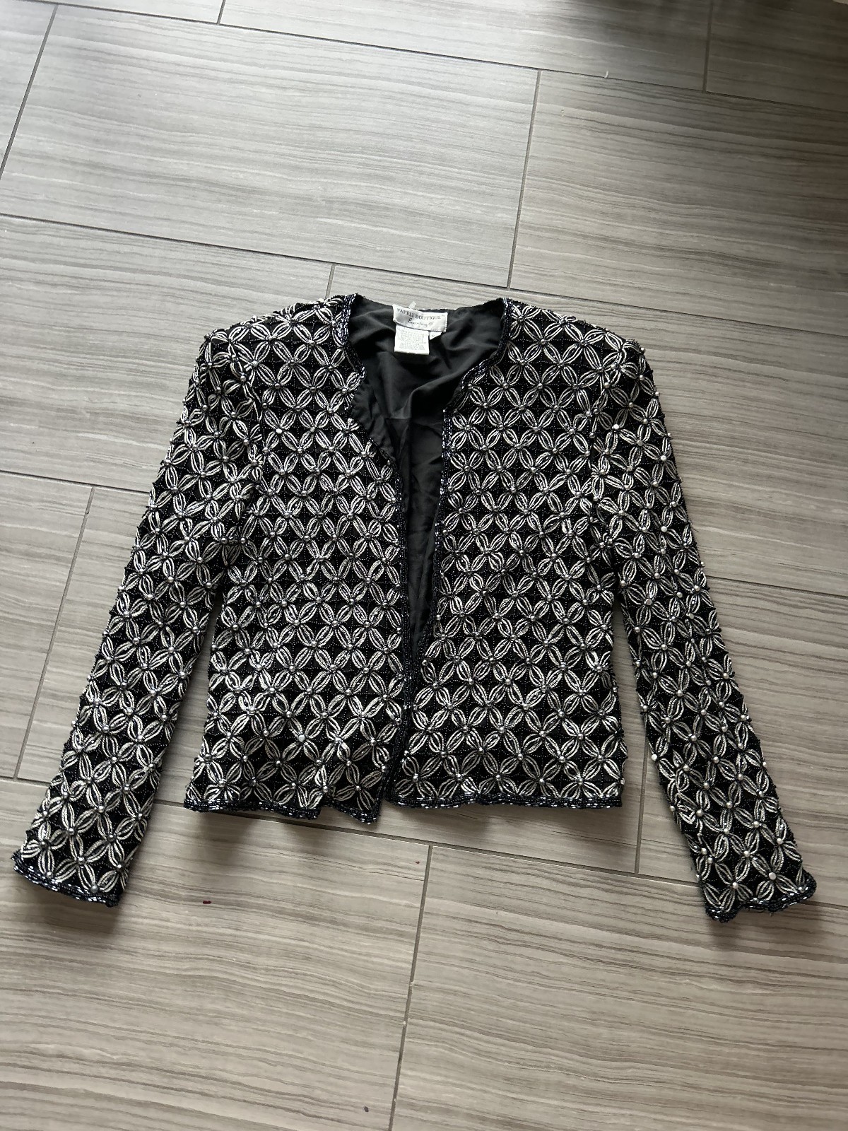 Vintage Beaded Evening Jacket Black Silver Silk Papell Boutique 60s Real Silk