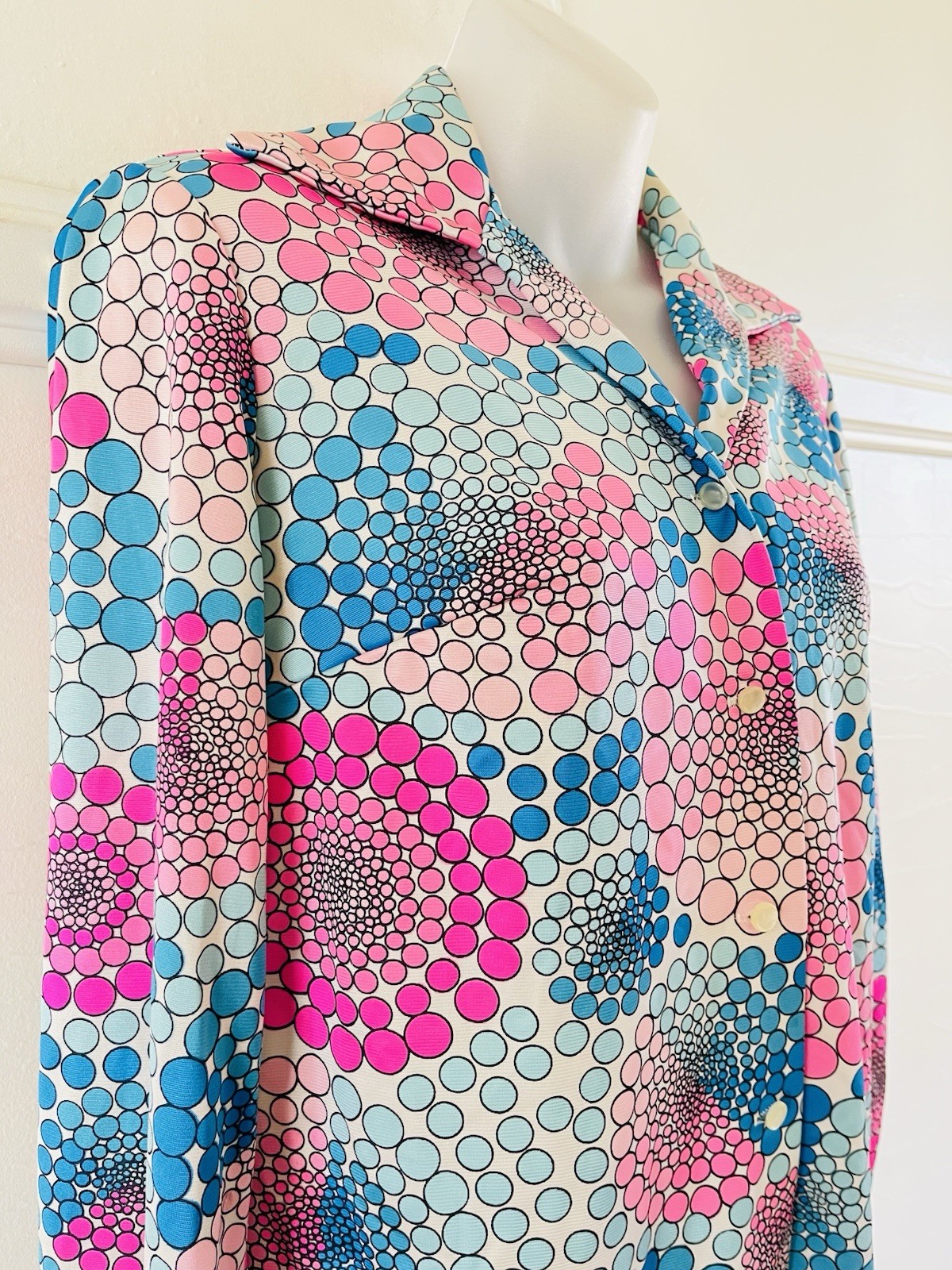 The Most Insane 1970s PYKETTES Shimmer Poly Disco Neon Psychedelic Geo L/S Shirt
